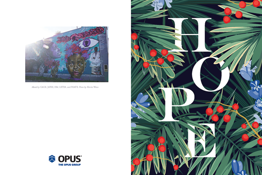 The Opus Group’s 2020 holiday card featuring the word ‘hope’ set amongst greenery, flowers and holly berries