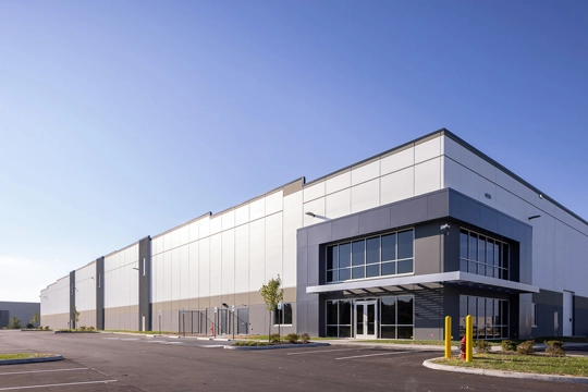 Front main entrance on a corner to a speculative industrial building