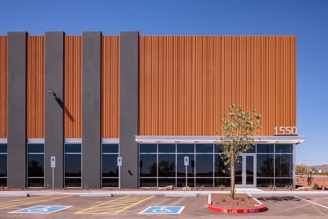 exterior view of an industrial building with a unique design and aesthetic features