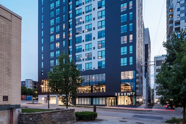 exterior of Seven07 U of I Student Living Development in Illinois