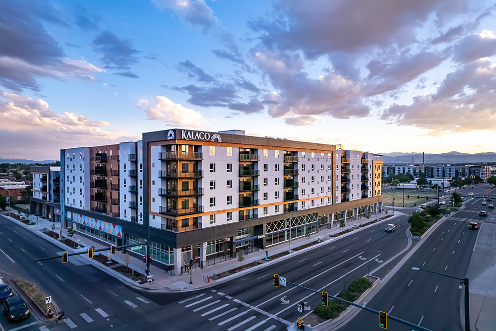 aerial view of multifamily development at sunset