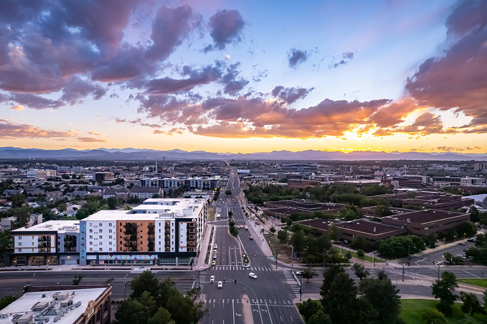 aerial view of multifamily development at sunset