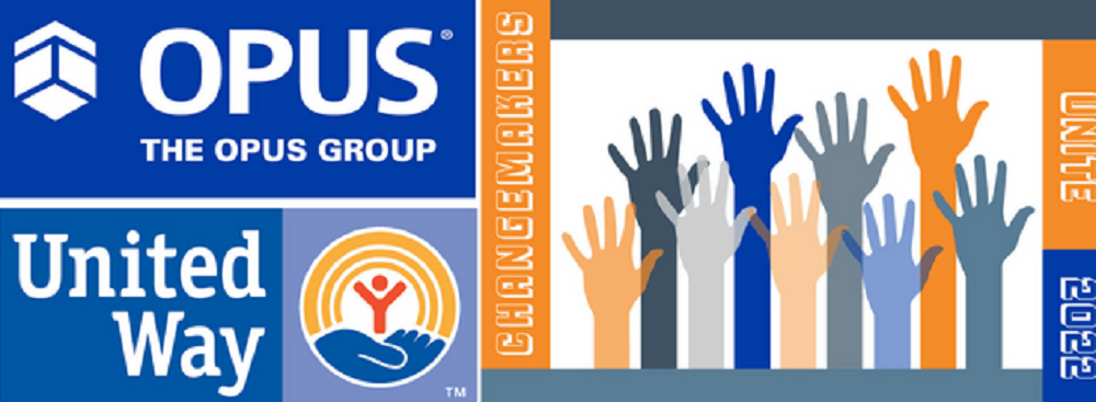 A graphic image with The Opus Group's logo and the United Way's logo with a graphic of colorful hands up in the air and Changemakers Unite.