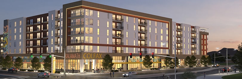 Rendering of a large, multi-story apartment building.